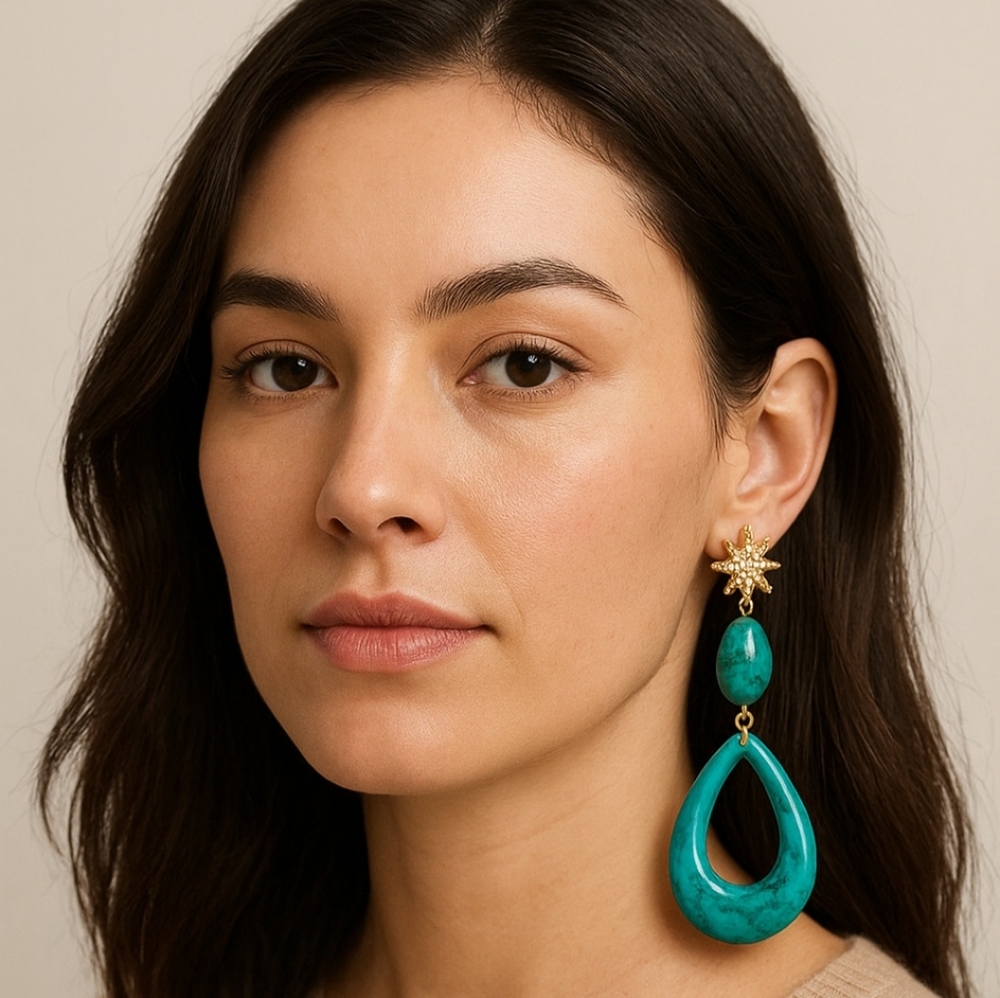 Long Oval acrylic and alloy earrings, turquoise earrings for women. Length 3.0